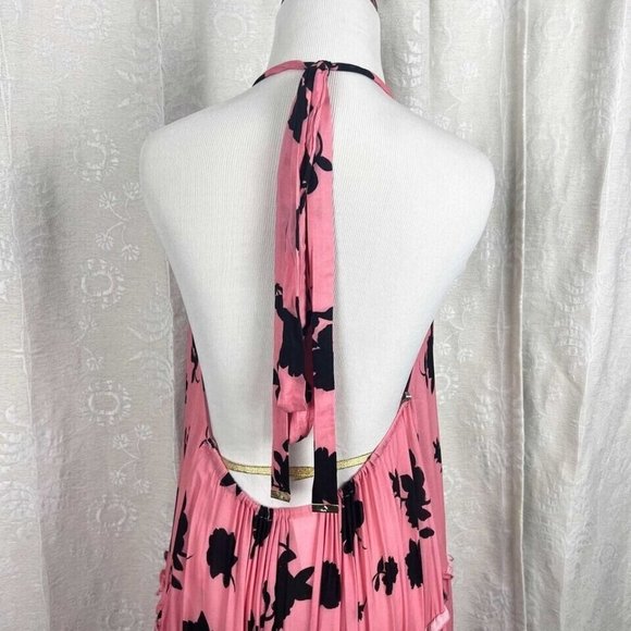 Kate Spade halter cover up maxi dress open back pink/black floral ruffles Small - Picture 4 of 7